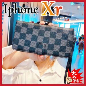 IphoneXr ケース　手帳型　黒色　チェック柄 PUレザー　高級感　大人気　アイホンXrカバー　ブラック