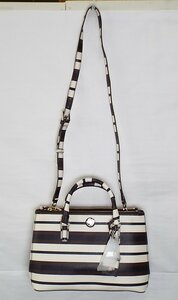 T3755〇TORY BURCH/トリーバーチ ハンドバッグ ロビンソン ストライプ ミニ ベージュ系 ほぼ未使用