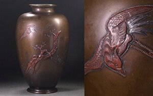 ∇花∇明治～大正時代 圧巻の時代金工作品 唐銅銀銅象嵌梅に鳳凰図花瓶 肉厚の立体表現 素晴らしい完成度です