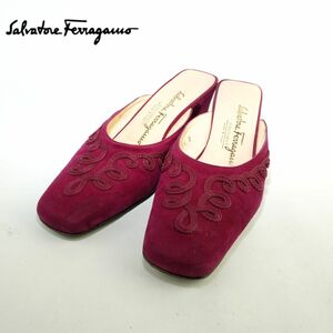 Salvatore Ferragamo サルヴァトーレ フェラガモ 5 1/2 23.0 ミュール ヒール イタリア製 スクエアトゥ 刺繍 スエード 紫 パープル/EC13