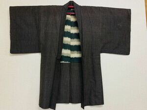 アンティーク　紳士　男性　正絹　紬　袷の羽織　絣紋様　涅色　コスプレやリメイクに　保管品