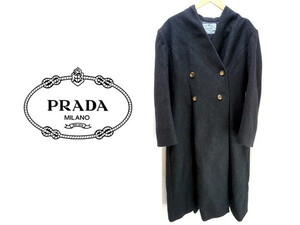 ●プラダ PRADA 黒 墨色 グレー レディース ノーカラー ウール ロング コート 42 細身●GB 高級 ウール100％