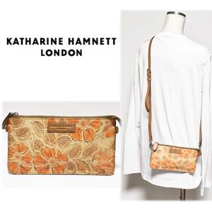 《KATHARINE HAMNETT キャサリンハムネット》新品 木彫り・レリーフ調 2WAY レザー長財布 ウォレット ショルダーバッグ A9138