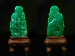 ■観心・時代旧蔵■C3870寿山石 翡翠緑 寿山石細密彫 擺件 置物 賞物