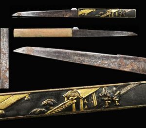 刀装具コレクション 時代武具 銅地武士風景文彫刻金象嵌 小柄 小刀 20.5cm 金地 刀装具 刀剣美術[6431qt]