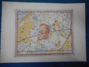 アンティーク、天文、天体、星座早見盤、手彩色銅版画、星図、1805年『ボーデの星図蟹座、双子座』Star map, Planisphere, Celestial atlas
