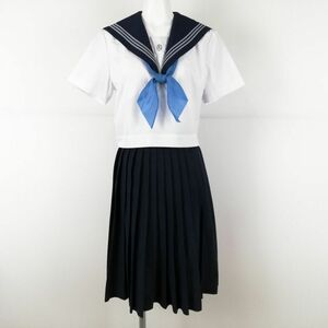 1円 セーラー服 スカート スカーフ 上下3点セット 165A 夏物 グレー3本線 女子 学生服 高知岡豊高校 白 制服 中古 ランクC NA0232