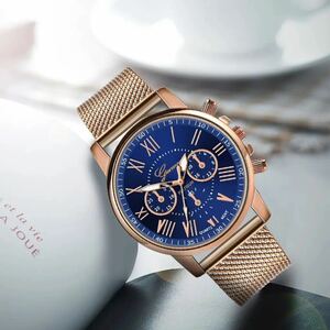 腕時計　時計 ギリシャ文字　ステンレス メッシュ アナログ メンズ クォーツ 男女兼用　ゴールド　オシャレ ウォッチ　ブルー 2
