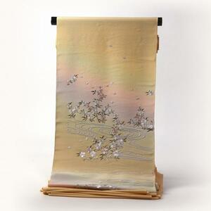 蘇州刺　付下げ　手縫いお仕立て付き　総刺繍　桜尽くし　濃いクリーム系色　裄７０ｃｍまで　端縫い反物　送料込み