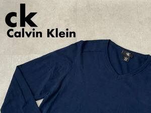 ☆送料無料☆ ck Calvin Klein シーケー カルバンクライン USA直輸入 古着 Vネック ニット セーター メンズ L ネイビー トップス 中古 即決