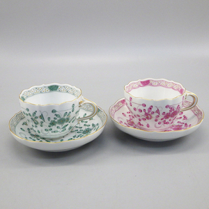 1円〜 Meissen マイセン インドの華 リッチ グリーン・ピンク カップ＆ソーサー 計2客 陶器 テーブルウェア 256-2654580【O商品】