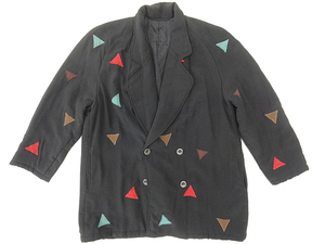 ビンテージ シルク 絹 100％ 黒 ブラック 中綿 ダブル テーラード ジャケット 全面 三角 パッチ ワッペン デザイン ユニセックス ダウン 色