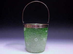 緑暈し花象嵌入りひび焼アイスペール　/氷コップ あめや瓶 砂糖壷