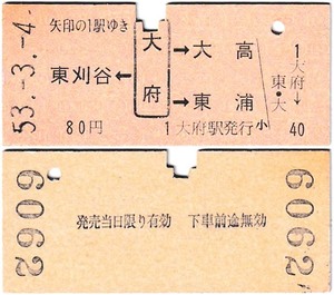 国鉄　矢印式乗車券　ｙ-160　大府駅発　昭和53年