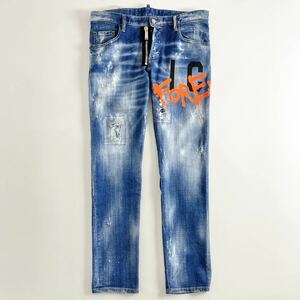 ◯34e29《新品》DSQUARED2 ディースクエアード *ICON MEDIUM WASH SKATER JEANS* ペイント ダメージ加工 デニムパンツ 48 L メンズ 正規品