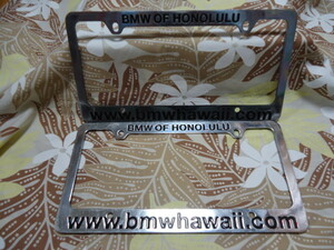 即決　ハワイ　BMW ホノルル　オリジナル　ライセンス　ナンバープレート　カバー　2枚セット　本物　ステンレス
