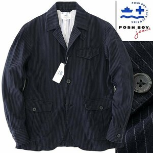 新品 ポッシュボーイ 春夏 ストライプ ドライビング ジャケット M 紺 【TJF101_540】 メンズ POSH BOY コットン ストレッチ ブルゾン