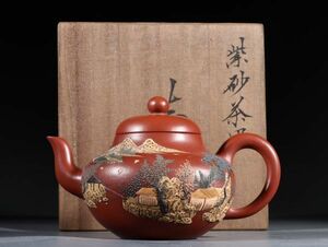 「紫砂彫 朱泥彩絵山水紫砂茶壺 邵柏原銘 清時代」陶磁器 急須 茶道具 古賞物 中国古美術 旧蔵出