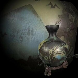 C0284 エミール・ガ レ燈 花瓶形 卓灯 湖風景図 酸化腐蝕彫り 多層被せガラス テーブルランプ 卓上ランプ ライト 時代物