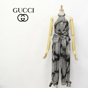 国内正規品◆GUCCI/グッチ 総柄×ゴールドドット シルク シフォン ホルターネック トップス＆裾リボン スリット パンツ セットアップ 36