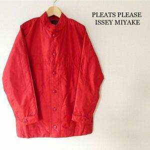 良品 PLEATS PLEASE ISSEY MIYAKE プリーツプリーズ サイズ4 中綿 パデッドジャケット ブルゾン ハーフコート スナップボタン 赤 レッド