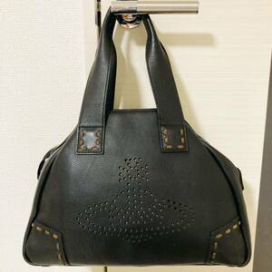 ★美品★ Vivienne Westwood ヴィヴィアンウエストウッド ハンドバッグ 本革 オールレザー オーブ パンチング シボ革 BK 黒 ブラック