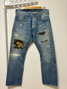 [A BATHING APE] CAMO DAMAGED DENIM PANTS ダメージリペア加工 カモフラ切替 インディゴデニムパンツ S 日本製 1930-150-001 エイプ