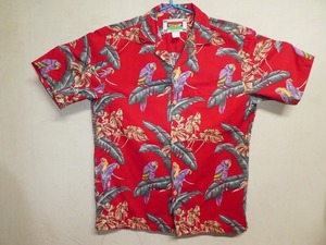 ●BANANA JACK バナナジャック HONOLULU アロハシャツ 赤 S コットン100％ Made in Hawaii ホノルル ハワイ製 USA オウム●