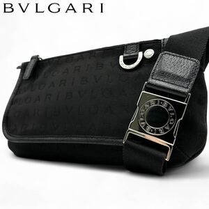 1円〜■美品■ BVLGARI ロゴマニア ボディバッグ 黒 ブルガリ ウエストポーチ サークルロゴ SV金具 ジャガード×レザー ブラック メンズ