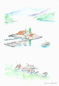世界遺産の街並み・ギリシャ・ケルキラ島の海上教会・F4画用紙・水彩画原画