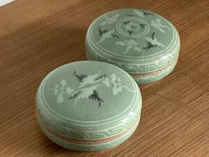 青磁　韓国　 香合 　鶴紋　仏具　茶道具　レトロ　２個セット