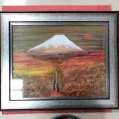 油彩画　真筆保証　富士山と滝と紅葉　自作絵画　堀口　守
