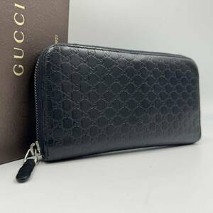 1円 【美品】 GUCCI グッチ 長財布 マイクロシマ ラウンドファスナー GG柄 ウォレット レザー 黒 ブラック メンズ 男女兼用