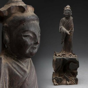 ER371 時代 仏教美術 木彫漆箔「観音菩薩立像」高16.5cm 重70g・金漆木雕觀音菩薩像・仏像 佛像