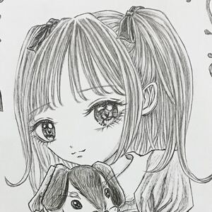 犬を抱く少女　モノクロ　ペン画　ハガキ　手描きイラスト　自作イラスト。