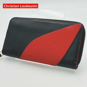 希少美品 Christian Louboutin クリスチャンルブタン 長財布 ラウンドファスナー ジップ ソリータ レザー 本革 メンズ レディース 赤 黒