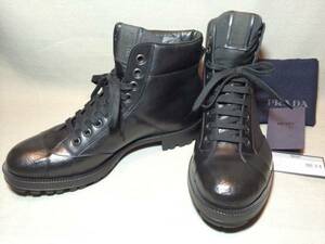 新品 プラダ ラバー コーティング レザー ブーツ 9.5 PRADA シューズ 本革 革靴 黒 ブラック