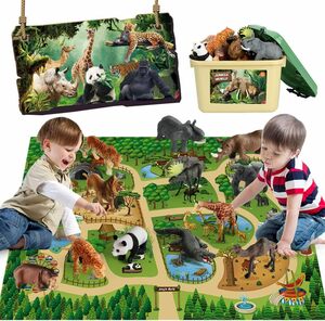 12個動物おもちゃマット Mini Tudou 12個サファリ動物フィギュアおもちゃと145×98cm大きいプレイマットリアルなジ