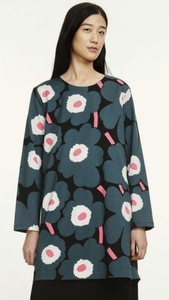 marimekko マリメッコ★チュニックワンピース 長袖 ウニッコ 花柄 グリーン系 ルック カットソーワンピース コットン サイズM 5217-1-44947