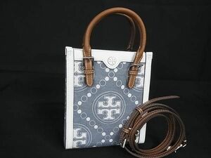 ■極美品■TORY BURCH トリーバーチ レザー×キャンバス 2WAY クロスボディ ショルダー ハンドバッグ ホワイト系×ブルー系 AT4706