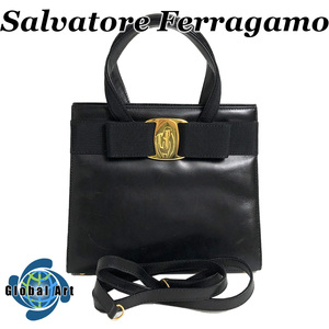 ●3D334/Salvatore Ferragamo サルヴァトーレフェラガモ/ショルダーバッグ/ハンドバッグ/2way/ヴァラリボン/斜め掛け/レザー/ブラック