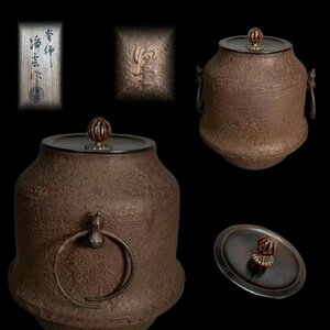 D0617 釜師 金谷浄雲作 宝鐸釜 瓢箪双耳 鐶付 透彫丸形銅摘蓋 茶道具 煎茶道具 鉄釜 茶釜 風炉釜 茶湯釜 茶器 共箱 時代物