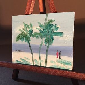 手書き油絵 印象画 夏の砂浜 インテリア 置物 絵画