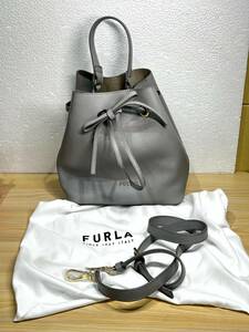 [3985] 中古 美品 FURLA フルラ コスタンザ レザー 巾着型 2WAY クロスボディ ハンドバッグ ショルダーバッグ グレー系 底面Ｗ21.5H25D13cm