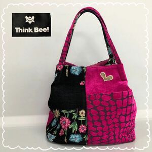 H■③ Think Bee! シンクビー Just Heart ジャストハート ハンドバッグ ピンク×ブラック 花柄 ベロア 肩掛け バッグ 鞄 レディース 