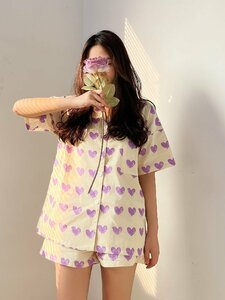 LYW1513★新パジャマ女性の甘くてかわいい紫のハートカーディガン半袖半ズボンセットルームウェア