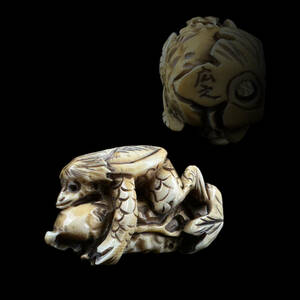 時代提物 根付「胡瓜に河童」在銘「広之」［検索/NETSUKE 印籠 提げ物 煙管 煙草入れ 和装小物 櫛簪 彫刻 工芸品］