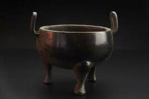 ◆◆森◆◆中国古美術 明 銅製 彫刻 双耳三足仏壇香炉 置物 収蔵 T138