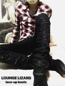 正規 LOUNGE LIZARD side zip boots ラウンジリザード サイドジップ レースアップブーツ ブラック size3★