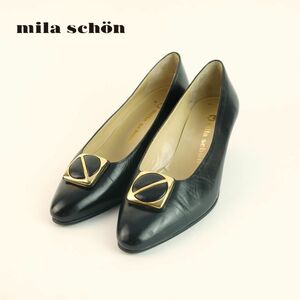 mila schon ミラ・ショーン 5 1/2 22.5 パンプス ヒール ゴールド金具 レザー 黒 ブラック/OC146